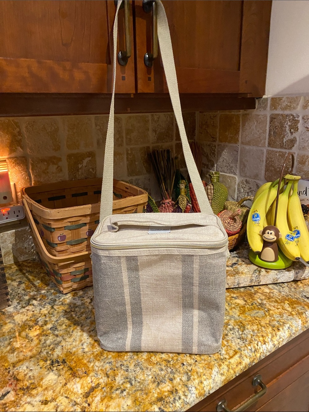 SOYOUNG/ Beige Stripe Canvas Cooler Bag-Lunch Box.